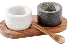 CASA Marble Pimentero/Salero Con Cuchara Y Sop. Negro, Blanco, Natural New